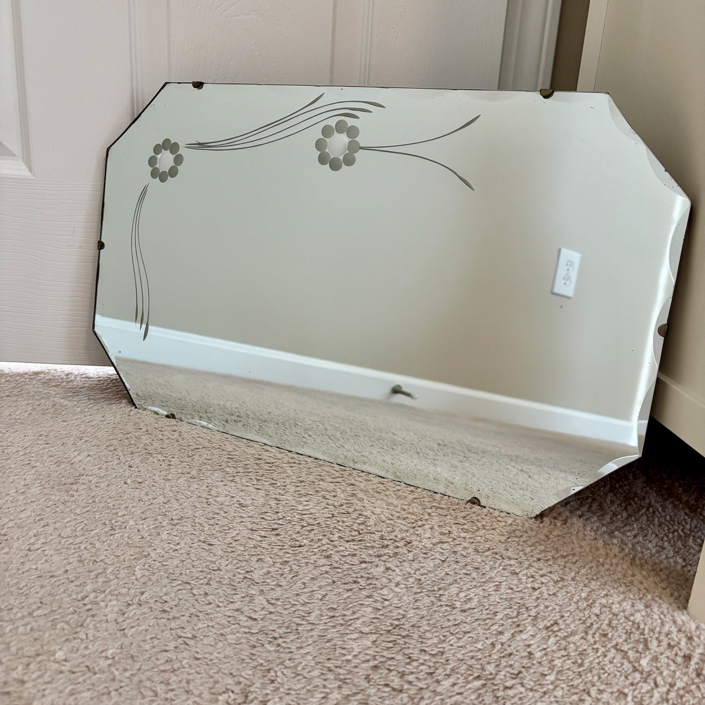 Art Deco Etched Floral Frameless Beveled Glass Wall Mirror | Vintage Mirror