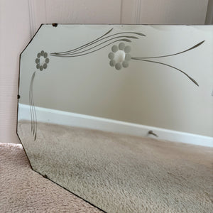 Art Deco Etched Floral Frameless Beveled Glass Wall Mirror