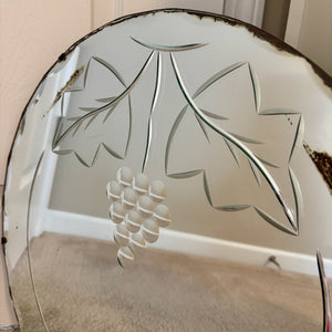 Art Deco Frameless Beveled Etched Grapes Leaves Round Wall Mirror 20"