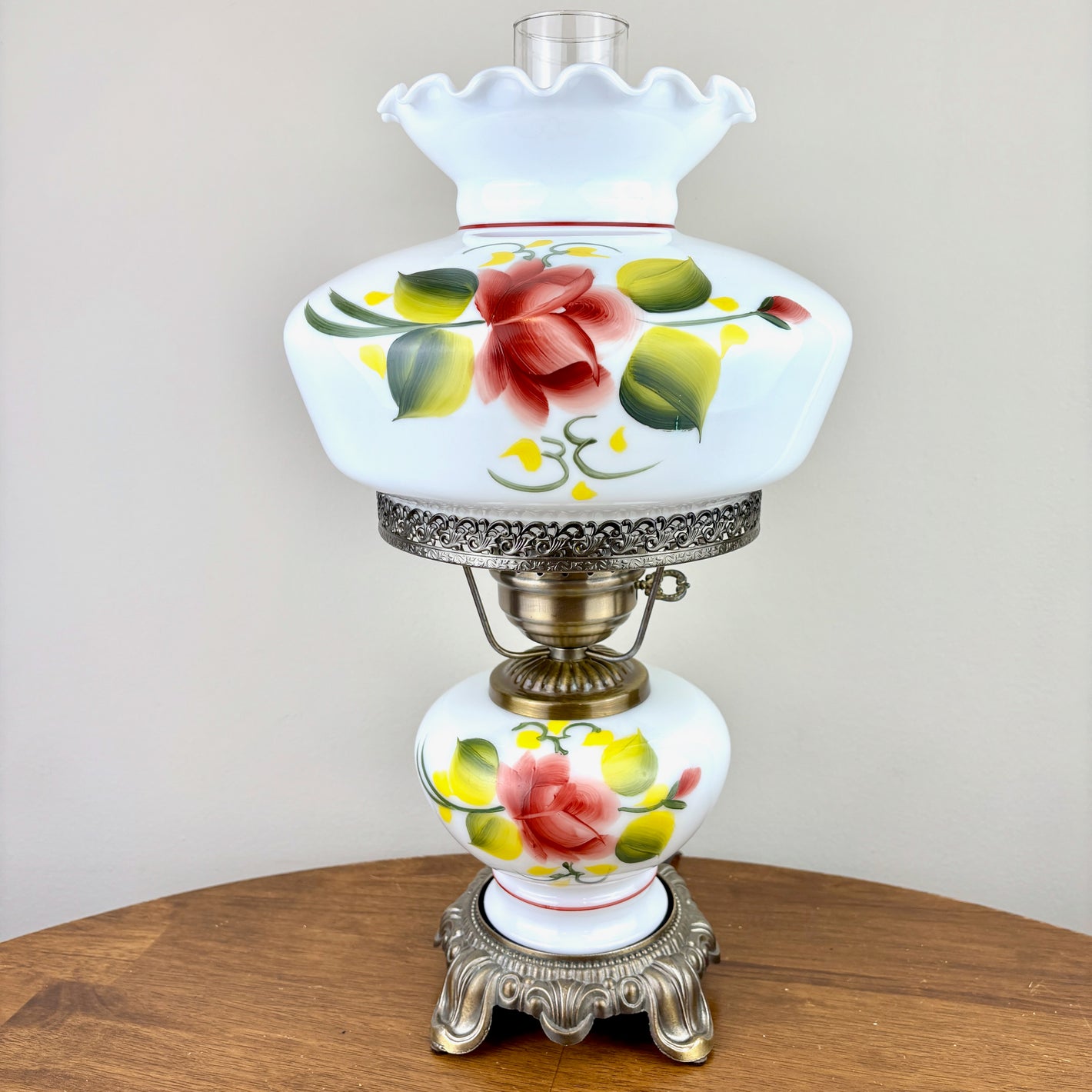 Vintage Red Rose Floral Hurricane Lamp 17.5" | GWTW Lamp | Vintage Lamp