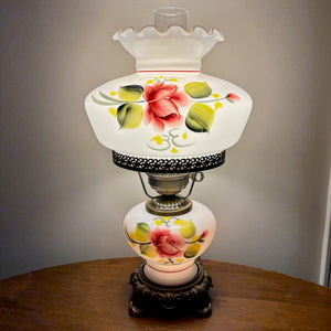 Vintage Red Rose Floral Hurricane Lamp 17.5" |