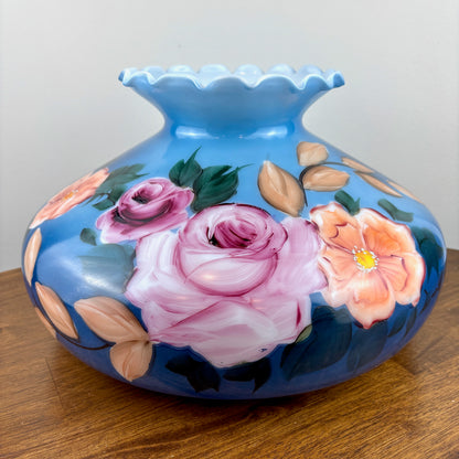 Large Blue Floral Roses Milk Glass Hurricane Shade 10 Inch Fitter