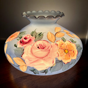 Large Blue Floral Roses Milk Glass Hurricane Shade 10 Inch Fitter