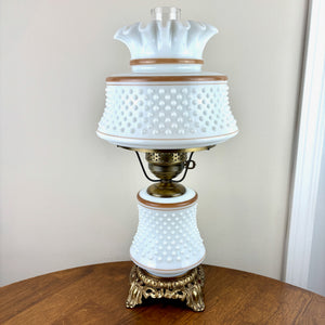 Vintage White Hobnail Brown Trim Milk Glass Hurricane Lamp