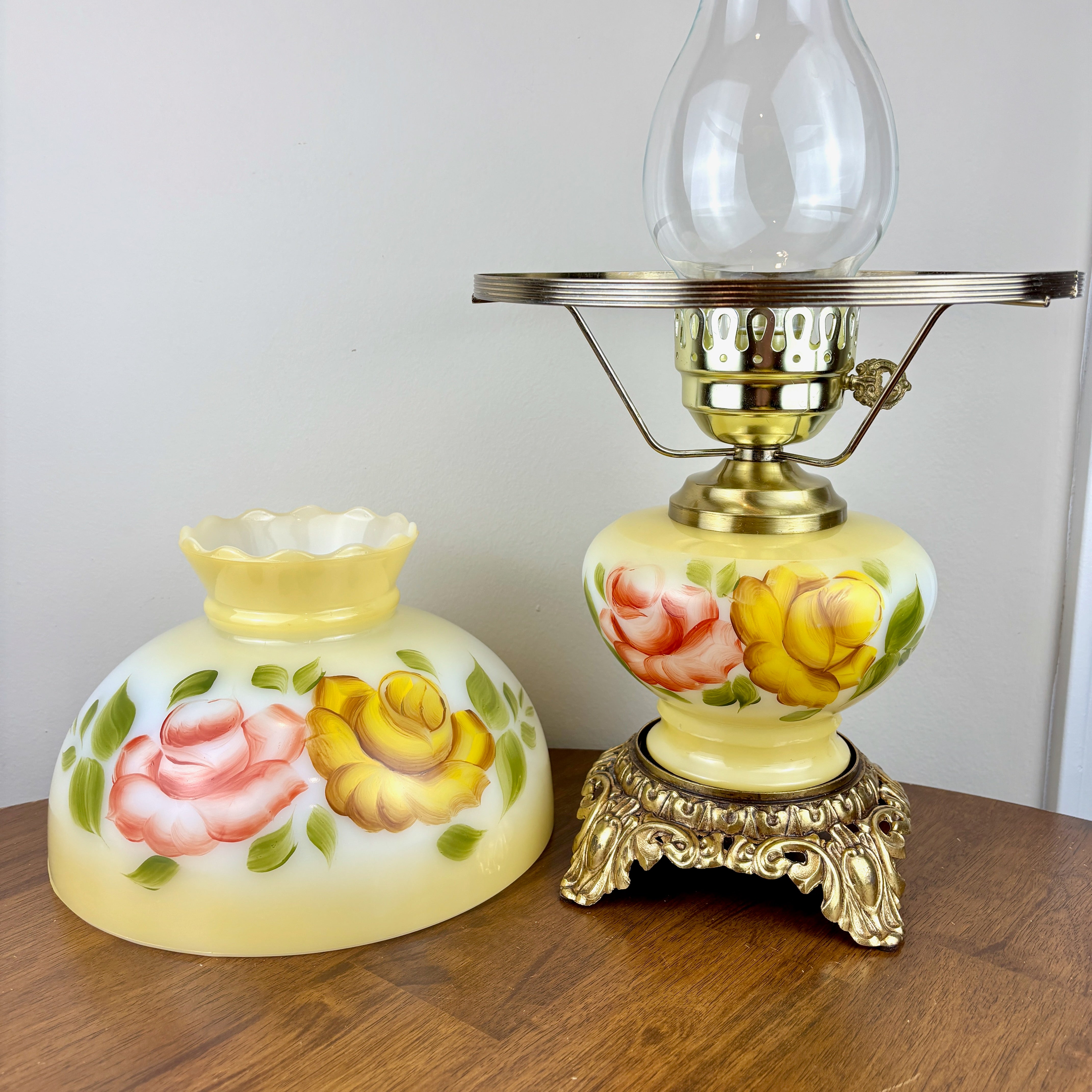 Vintage Yellow Red Rose Floral Hurricane Lamp 16.75