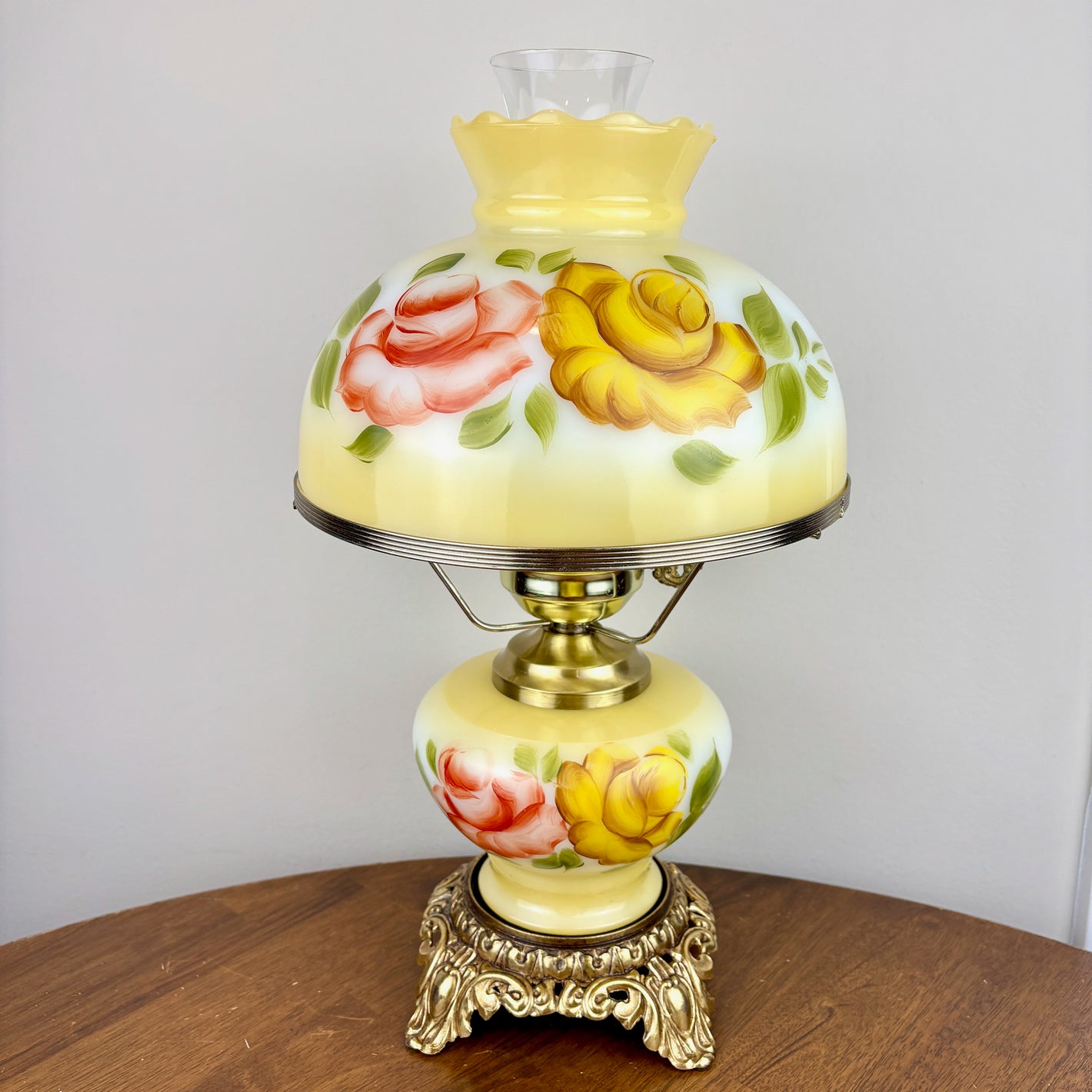 Vintage Yellow Red Rose Floral Hurricane Lamp 16.75"