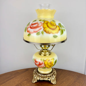 Vintage Yellow Red Rose Floral Hurricane Lamp 16.75"