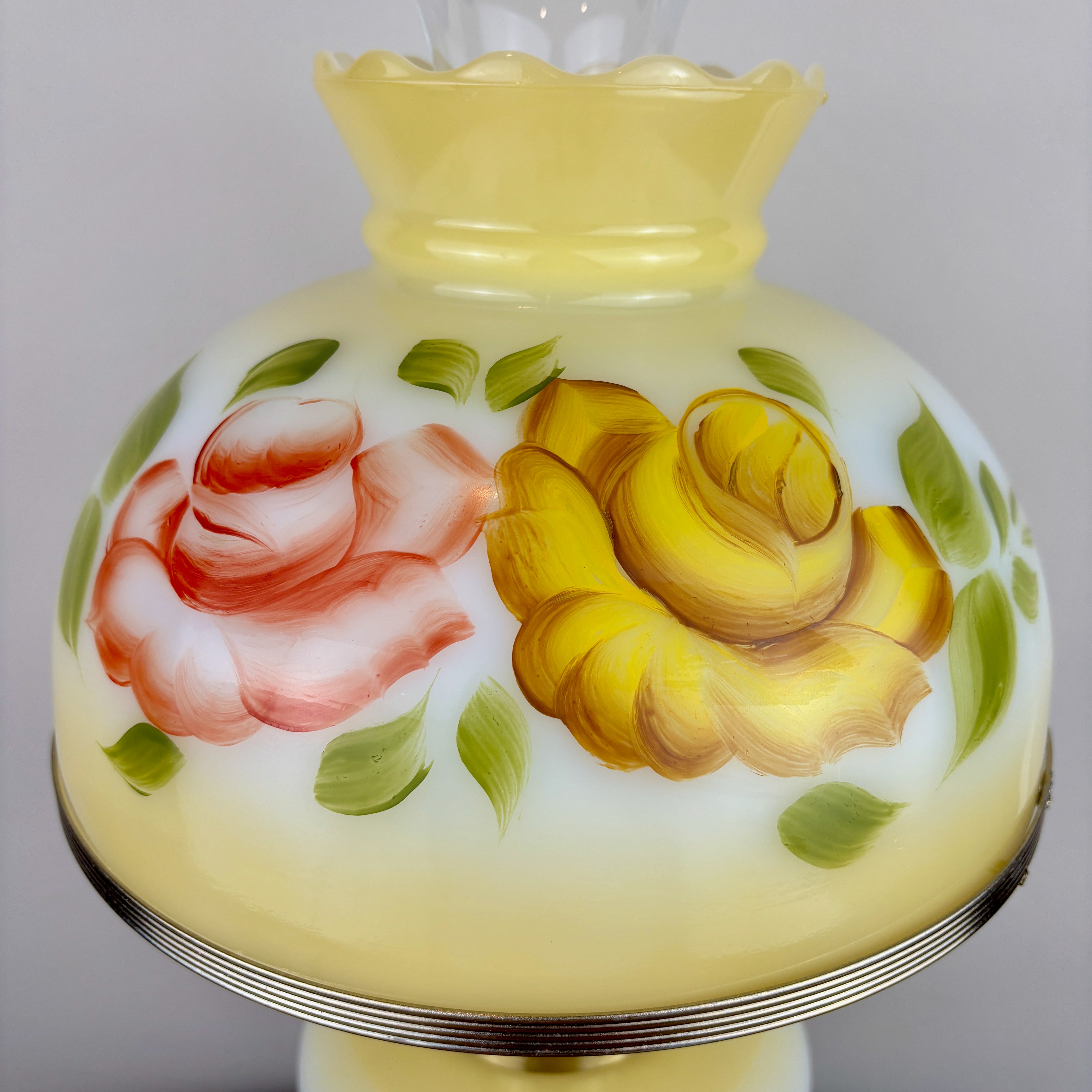 Vintage Yellow Red Rose Floral Hurricane Lamp 16.75