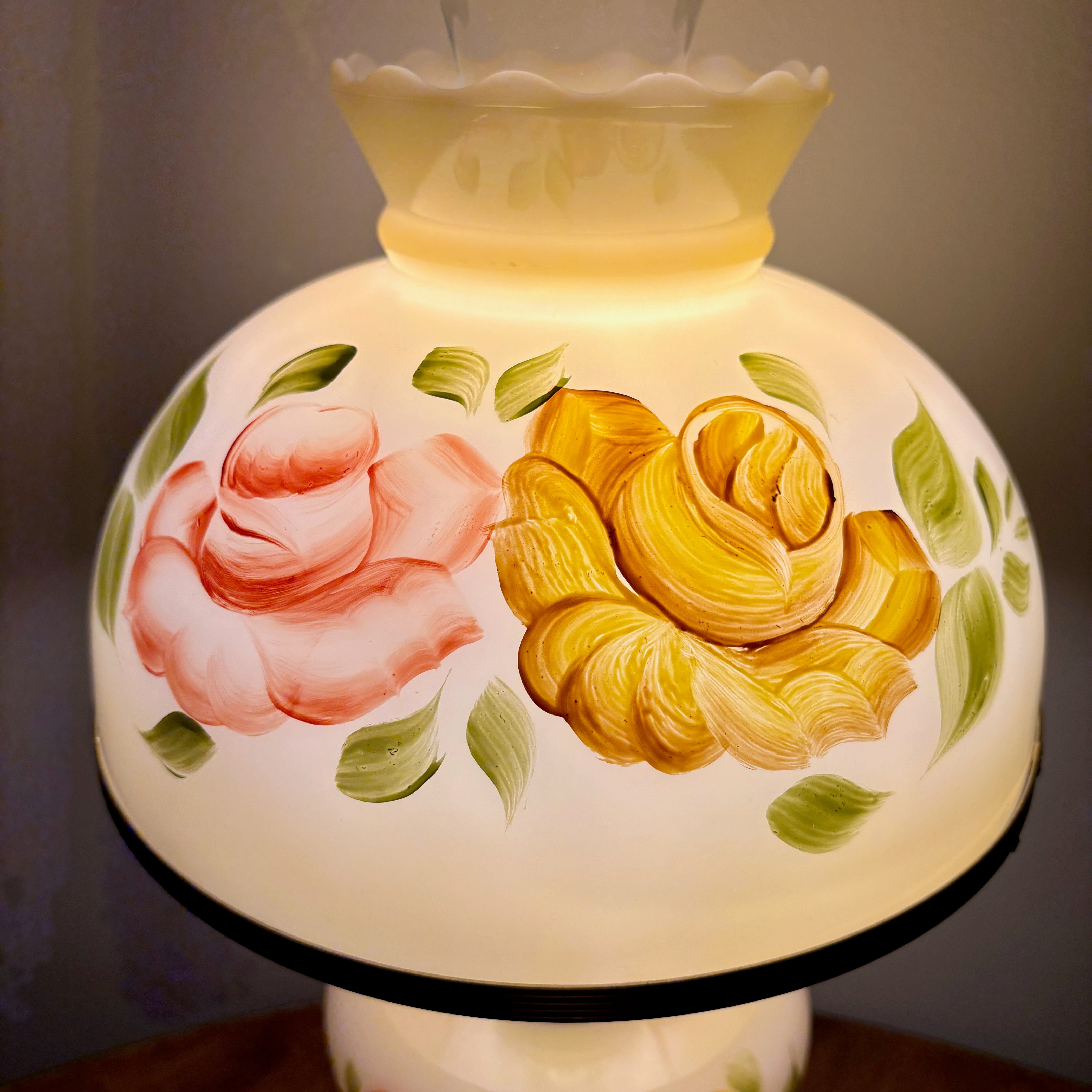 Vintage Yellow Red Rose Floral Hurricane Lamp 16.75