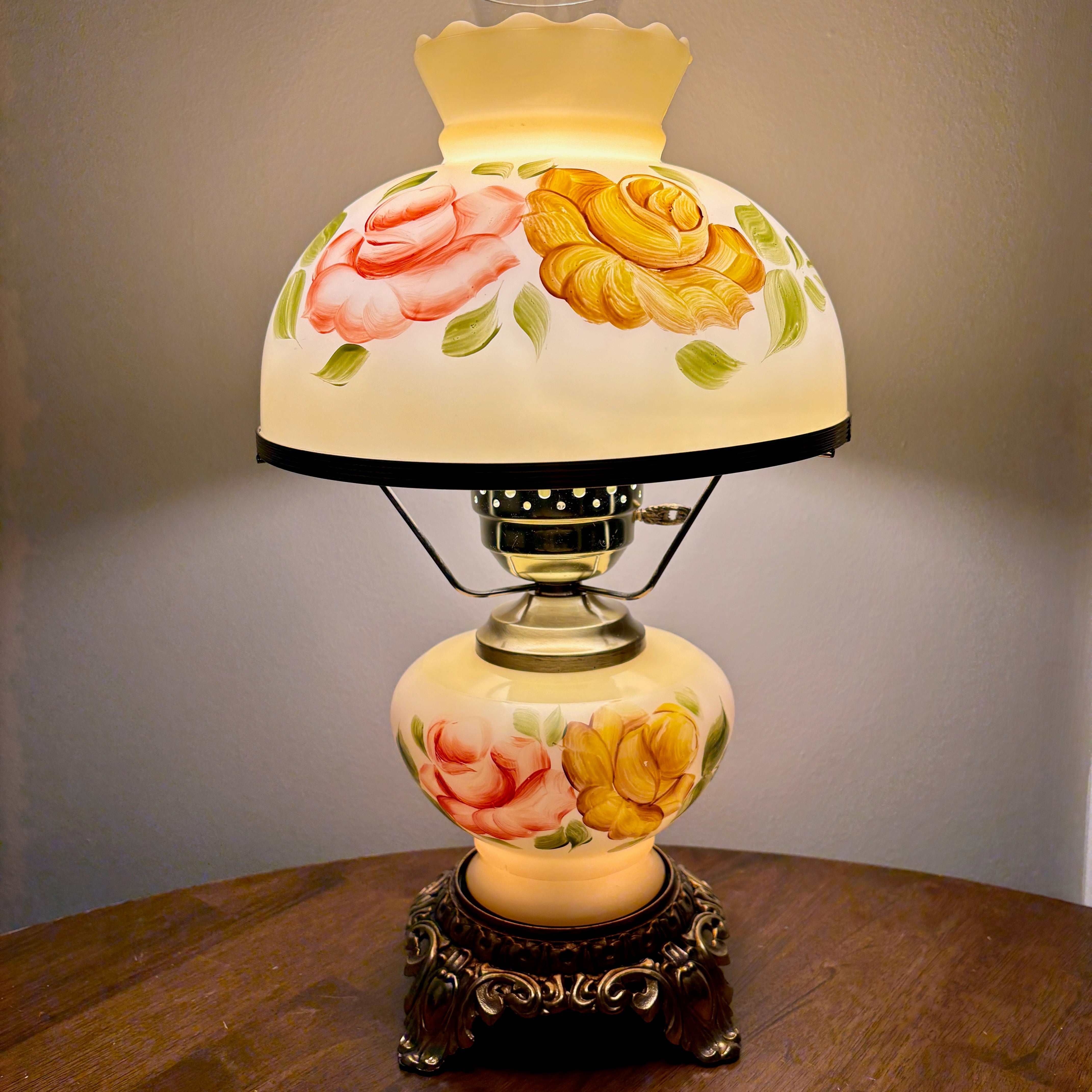 Vintage Yellow Red Rose Floral Hurricane Lamp 16.75