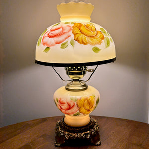 Vintage Yellow Red Rose Floral Hurricane Lamp 16.75"