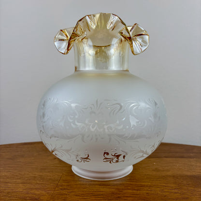 Antique Frosted Acid Etched Floral Glass Amber Luster Ruffles Oil Gas Lamp Shade