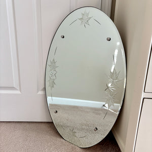 Vintage May 18, 1950 Frameless Beveled Edge Maple Leaf Etched Wall Mirror
