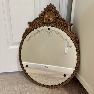 Antique May 22, 1931 Floral Dot Leaves Etched Scalloped Glass Ornate Frame Mirror