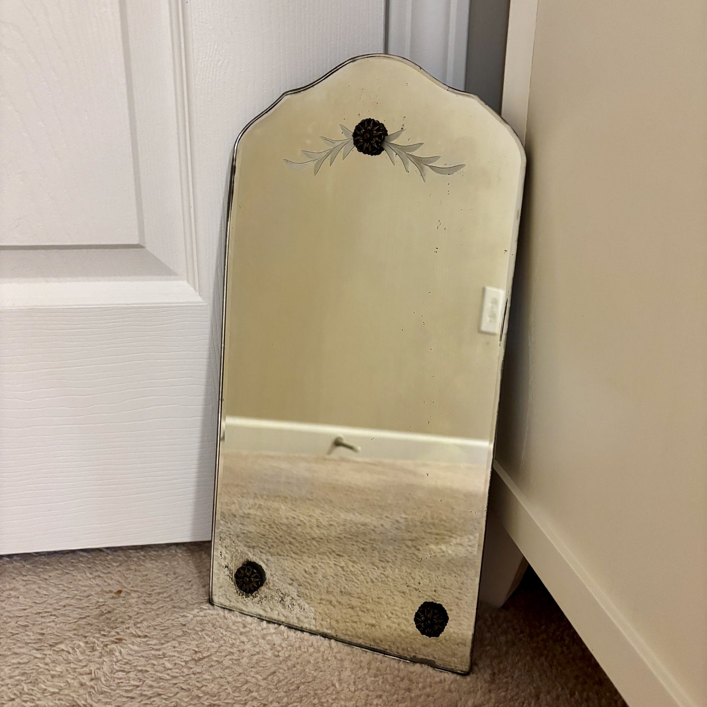Art Deco Frameless Etched Leaves Beveled Wall Mirror