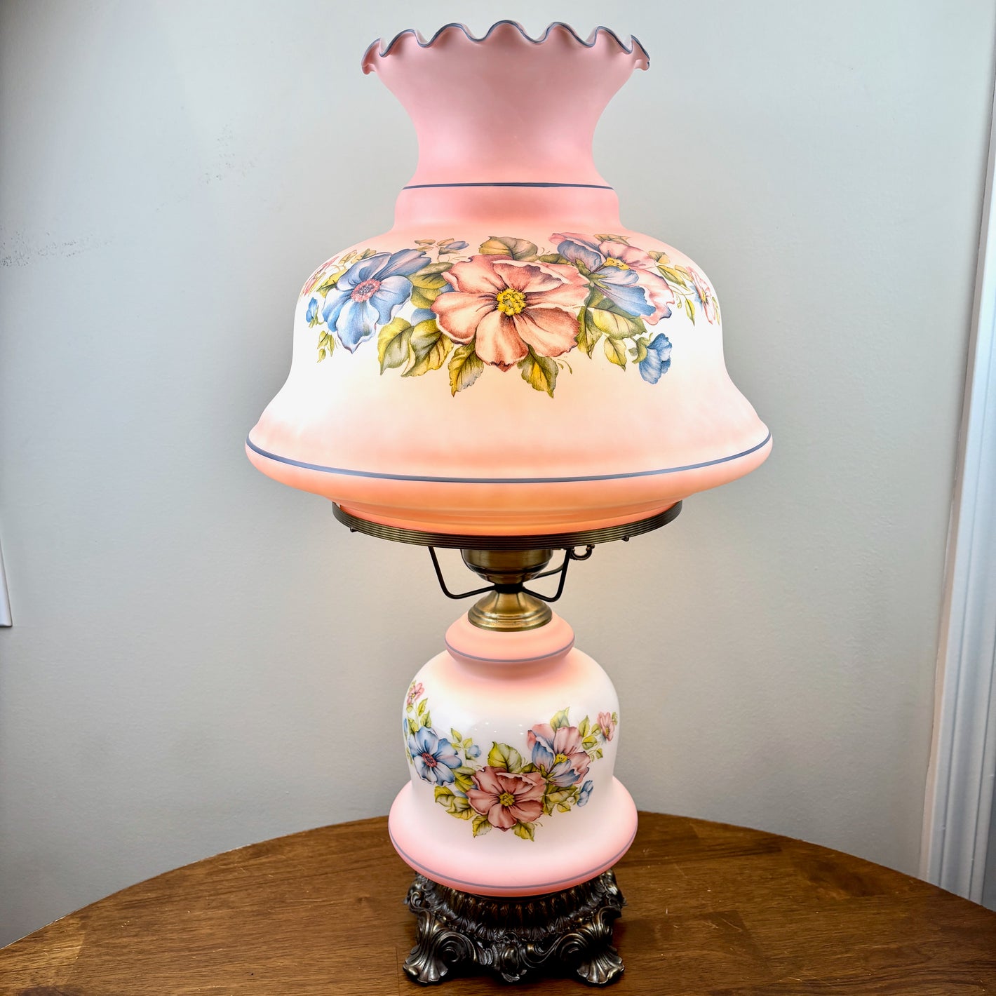 Vintage Pink Blue Floral Hurricane Lamp 26"