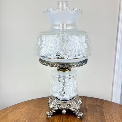 Vintage Frosted & Clear Glass White Roses Floral Hurricane Lamp
