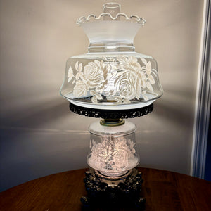 Vintage Frosted & Clear Glass White Roses Floral Hurricane Lamp