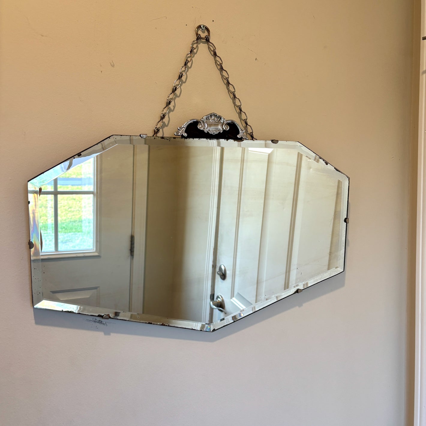 Art Deco Frameless Beveled Edge 7 Sided Glass Wall Mirror | Vintage Mirror