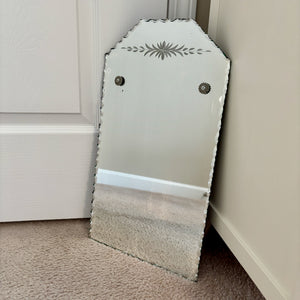 Art Deco Etched Leaves Frameless Scalloped Edge Glass Wall Mirror 18.25"