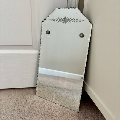 Art Deco Etched Leaves Frameless Scalloped Edge Glass Wall Mirror 18.25"
