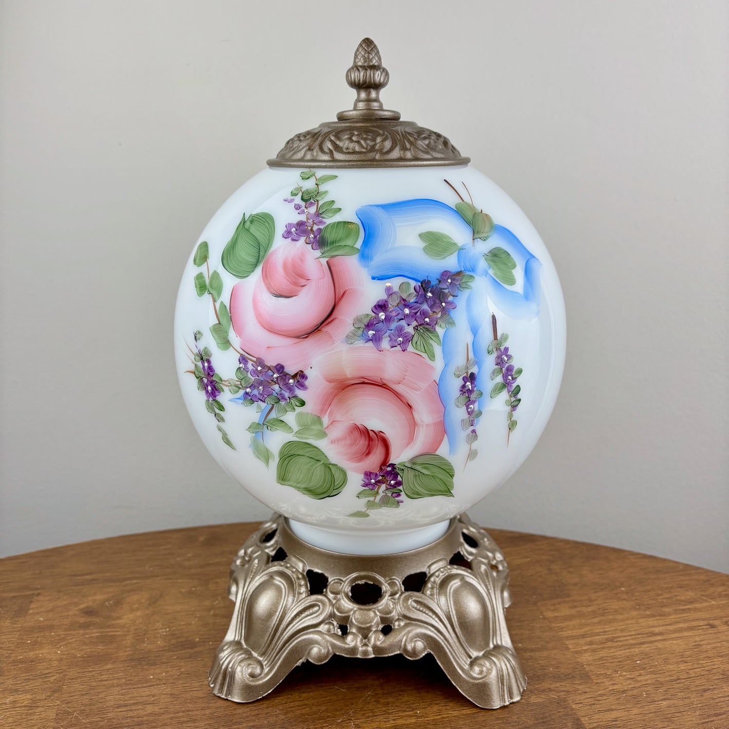Vintage Pink Rose Purple Floral Milk Glass Nightlight 13.5"