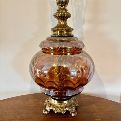 Vintage Amber Iridescent Glass Large Table Lamp