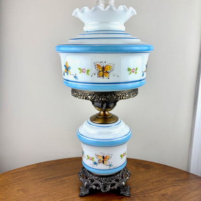 Vintage Butterfly Floral Milk Glass Hurricane Lamp