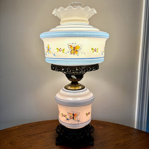 Vintage Butterfly Floral Milk Glass Hurricane Lamp