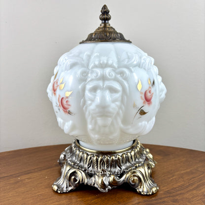 Vintage Embossed Lion Head Pink Rose Floral Milk Glass Nightlight Lamp 11.5"