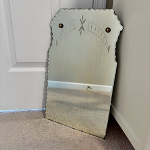 Antique Art Deco Etched Frameless Scalloped Edge Glass Wall Mirror 20"