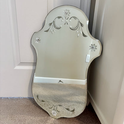 Art Deco Etched Floral Dot Leaves Frameless Beveled Edge Wall Mirror 24"