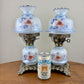 Vintage Small Pair Blue Luster Blue Pink Floral Hurricane Lamps 13.75" Height