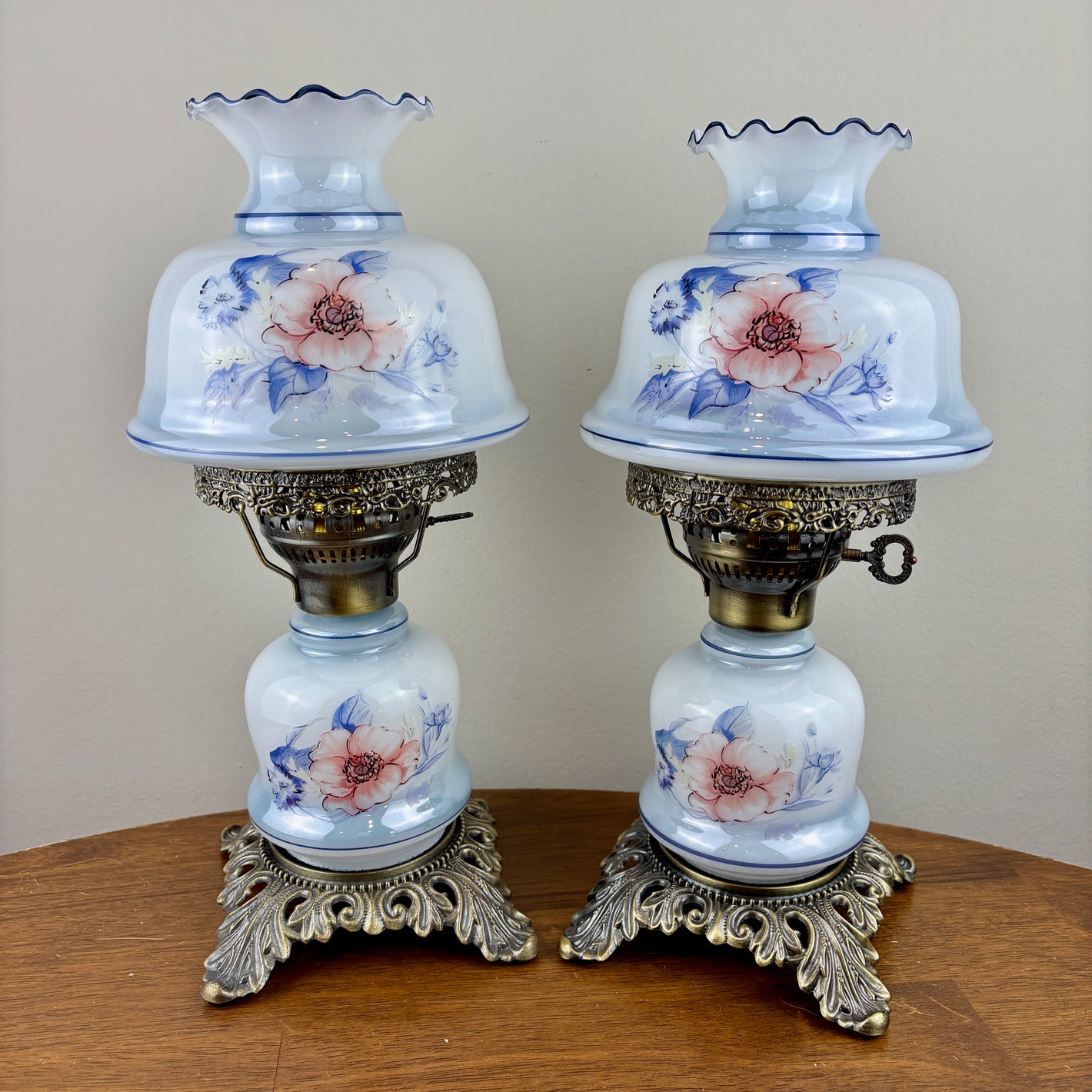 Vintage Small Pair Blue Luster Blue Pink Floral Hurricane Lamps 13.75" Height