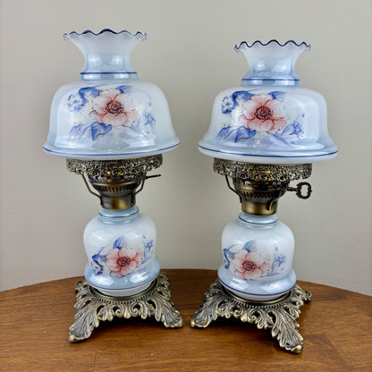 Vintage Small Pair Blue Luster Blue Pink Floral Hurricane Lamps 13.75" Height