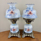 Vintage Small Pair Blue Luster Blue Pink Floral Hurricane Lamps 13.75" Height