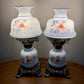 Vintage Small Pair Blue Luster Blue Pink Floral Hurricane Lamps 13.75" Height
