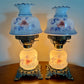 Vintage Small Pair Blue Luster Blue Pink Floral Hurricane Lamps 13.75" Height
