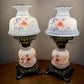 Vintage Small Pair Blue Luster Blue Pink Floral Hurricane Lamps 13.75" Height