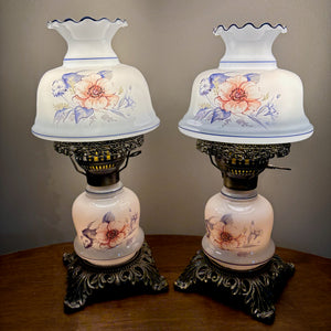 Vintage Small Pair Blue Luster Blue Pink Floral Hurricane Lamps 13.75" Height