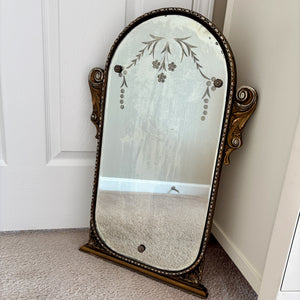 Art Deco Floral Dot Leaves Etched Glass Ornate Frame Wall Mirror 25.75" Height