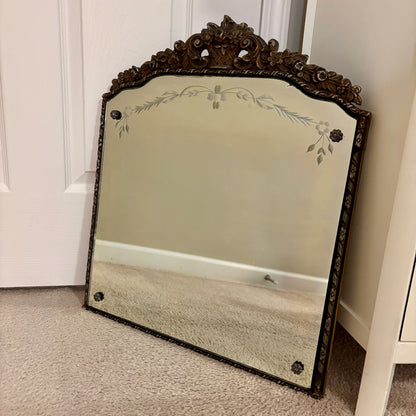 Antique 1920's Floral Leaves Etched Glass Ornate Frame Mirror 22.25" Height