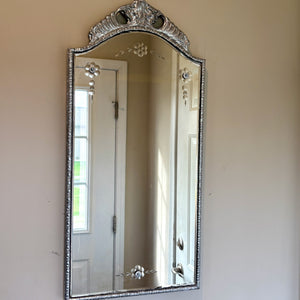 Antique 1920's Floral Leaves Etched Glass Ornate Frame Mirror 27.25" Height