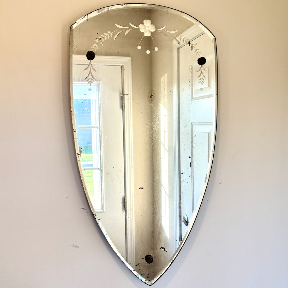 Antique June 3, 1930 Art Deco Etched Floral Dot Leaf Frameless Beveled Edge Shield Mirror 26" Height