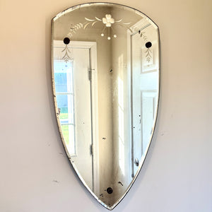 Antique June 3, 1930 Art Deco Etched Floral Dot Leaf Frameless Beveled Edge Shield Mirror 26" Height