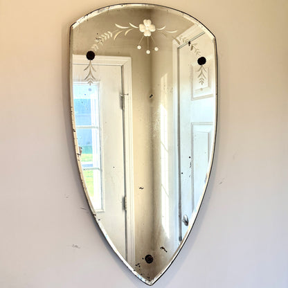 Antique June 3, 1930 Art Deco Etched Floral Dot Leaf Frameless Beveled Edge Shield Mirror 26" Height