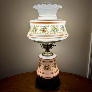 Vintage Quoizel Abigail Adams Brown Blue Yellow Floral Hurricane Lamp 21" Height