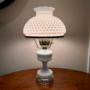 Vintage White Hobnail Milk Glass Hurricane Table Lamp, Mid Century Table Lamp, Bedroom Lamp