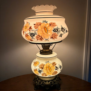 Vintage Hand Painted Milk Glass Floral Yellow Brown Gold Hurricane Table Lamp