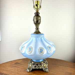 Vintage Frosted Blue Yellow Floral Bubble Melon Table Lamp
